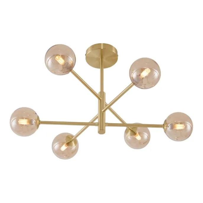 Moderne Deckenleuchte Messing mit bernsteinfarbenem Glas 6-flammig - Ryan