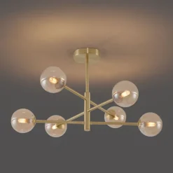 Moderne Deckenleuchte Messing mit bernsteinfarbenem Glas 6-flammig - Ryan