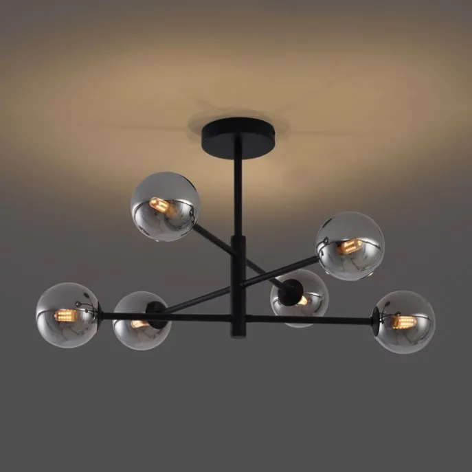 Moderne Deckenleuchte Schwarz mit Rauchglas 6-flammig - Ryan