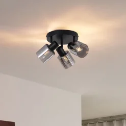 Moderne Deckenleuchte Schwarz mit rundem Rauchglas 3-flammig - Cilin