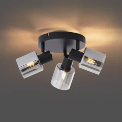 Moderne Deckenleuchte Schwarz mit rundem Rauchglas 3-flammig - Cilin