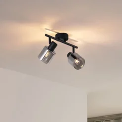 Moderne Deckenleuchte Schwarz mit runden Rauchglas 2-flammig - Cilin