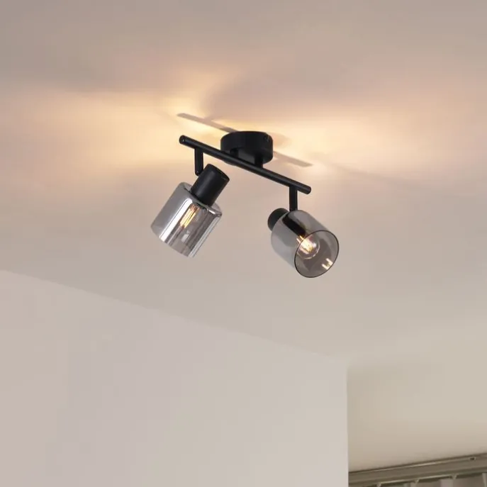 Moderne Deckenleuchte Schwarz mit runden Rauchglas 2-flammig - Cilin