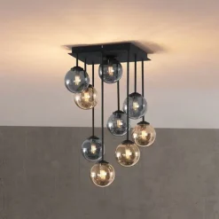 Moderne Deckenleuchte Schwarz mit Bernstein- und Rauchglas 9-flammig - Athen