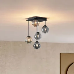 Moderne Deckenleuchte Schwarz mit Bernstein- und Rauchglas 5-flammig - Athen