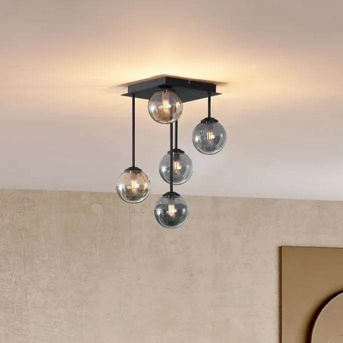 Moderne Deckenleuchte Schwarz mit Bernstein- und Rauchglas 5-flammig - Athen