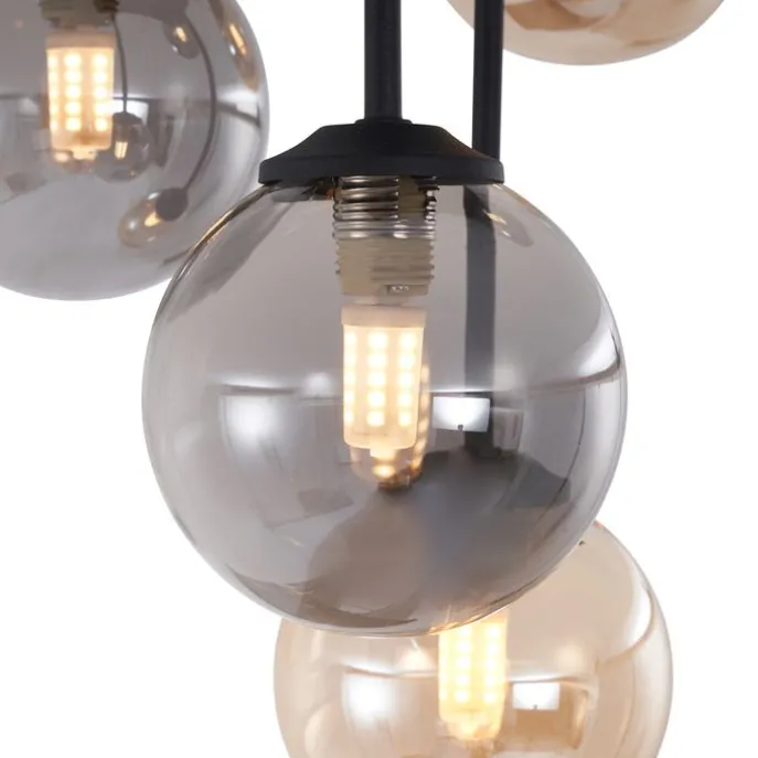 Moderne Deckenleuchte Schwarz mit Bernstein- und Rauchglas 5-flammig - Athen