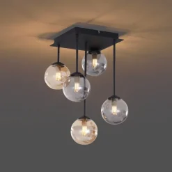 Moderne Deckenleuchte Schwarz mit Bernstein- und Rauchglas 5-flammig - Athen