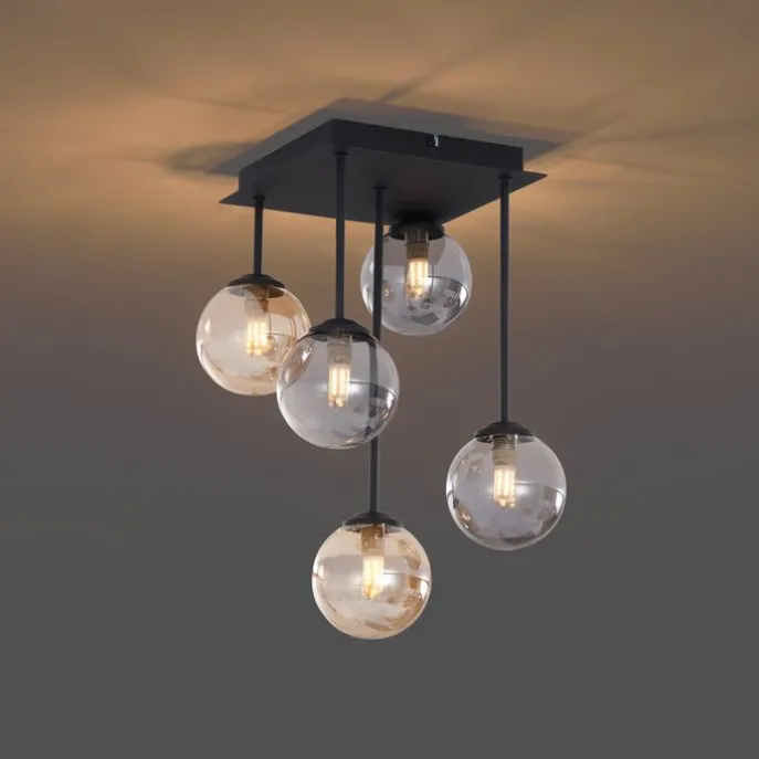 Moderne Deckenleuchte Schwarz mit Bernstein- und Rauchglas 5-flammig - Athen