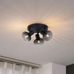 Moderne Deckenleuchte schwarz mit rundem Rauchglas 3-flammig - Teddy