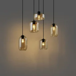 Moderne Hängelampe schwarz mit bernsteinfarbenem Glas 5-flammig - Sheena