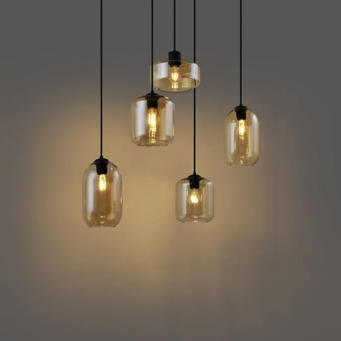 Moderne Hängelampe schwarz mit bernsteinfarbenem Glas 5-flammig - Sheena