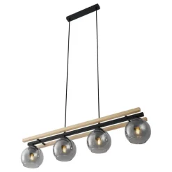 Moderne Hängelampe schwarz mit Holz und Rauchglas 4-flammig - Aleks