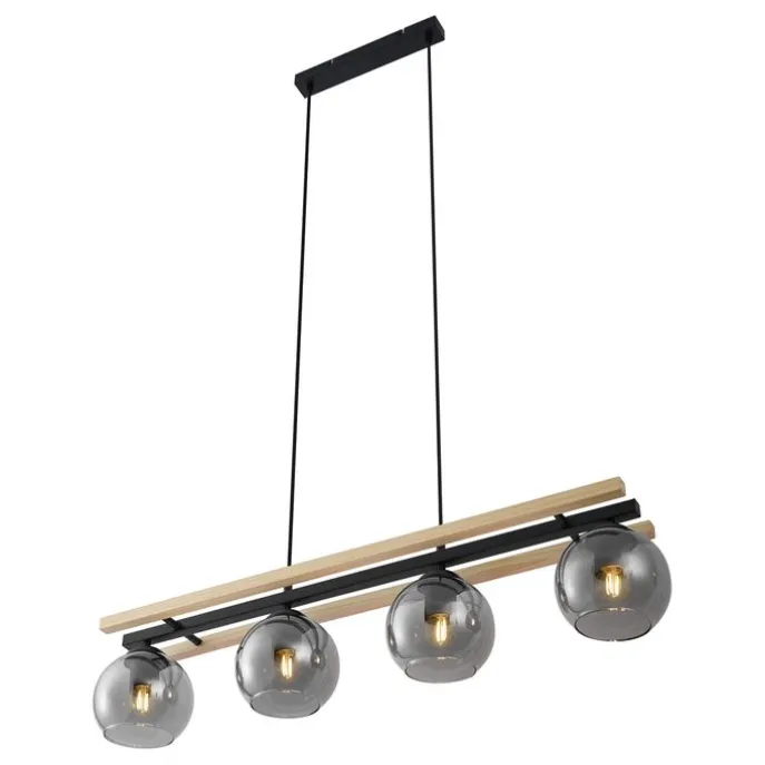 Moderne Hängelampe schwarz mit Holz und Rauchglas 4-flammig - Aleks