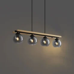 Moderne Hängelampe schwarz mit Holz und Rauchglas 4-flammig - Aleks