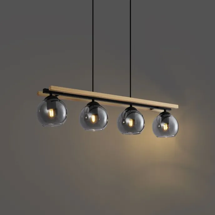 Moderne Hängelampe schwarz mit Holz und Rauchglas 4-flammig - Aleks