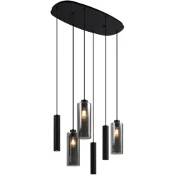 Moderne Pendelleuchte Schwarz mit Rauchglas 6-flammig - Duplantis