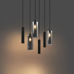 Moderne Pendelleuchte Schwarz mit Rauchglas 6-flammig - Duplantis