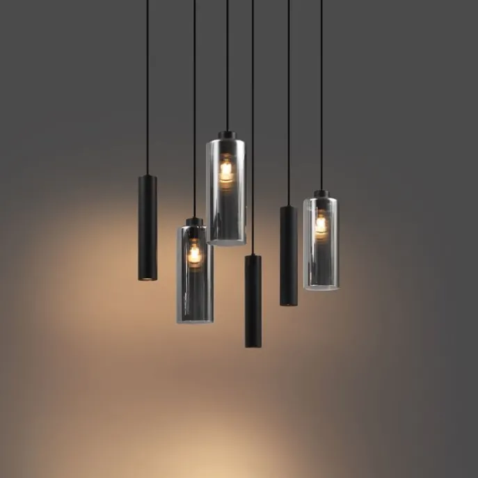 Moderne Pendelleuchte Schwarz mit Rauchglas 6-flammig - Duplantis