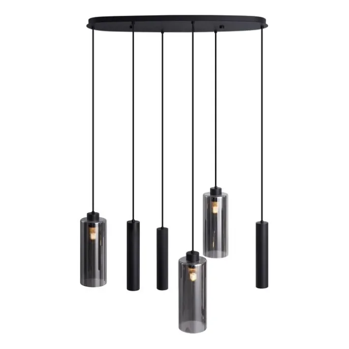 Moderne Pendelleuchte Schwarz mit Rauchglas 6-flammig - Duplantis