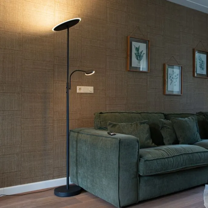 Moderne Stehleuchte schwarz inkl. LED mit Fernbedienung und Lesearm - Strela