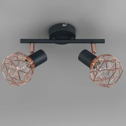 Moderner Deckenstrahler schwarz mit zwei kupfernen Lampenschirmen - Mesh 2