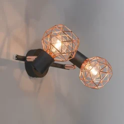 Moderner Deckenstrahler schwarz mit zwei kupfernen Lampenschirmen - Mesh 2