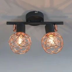 Moderner Deckenstrahler schwarz mit zwei kupfernen Lampenschirmen - Mesh 2