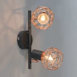 Moderner Deckenstrahler schwarz mit zwei kupfernen Lampenschirmen - Mesh 2