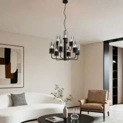 Moderner Kronleuchter schwarz mit Rauchglas 9-flammig - Laura