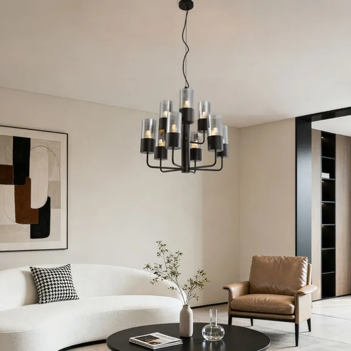 Moderner Kronleuchter schwarz mit Rauchglas 9-flammig - Laura