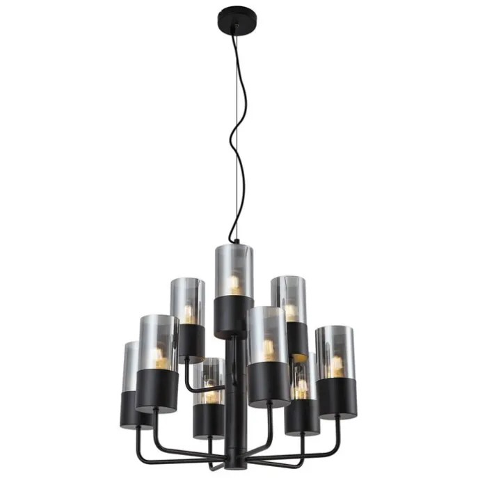 Moderner Kronleuchter schwarz mit Rauchglas 9-flammig - Laura