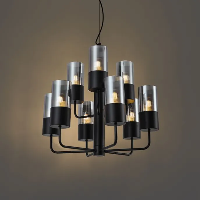 Moderner Kronleuchter schwarz mit Rauchglas 9-flammig - Laura
