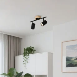 Moderner Spot in Schwarz mit kippbarem Holz, 2-flammig – Jeana