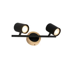 Moderner Spot in Schwarz mit kippbarem Holz, 2-flammig – Jeana