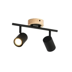 Moderner Spot in Schwarz mit kippbarem Holz, 2-flammig – Jeana