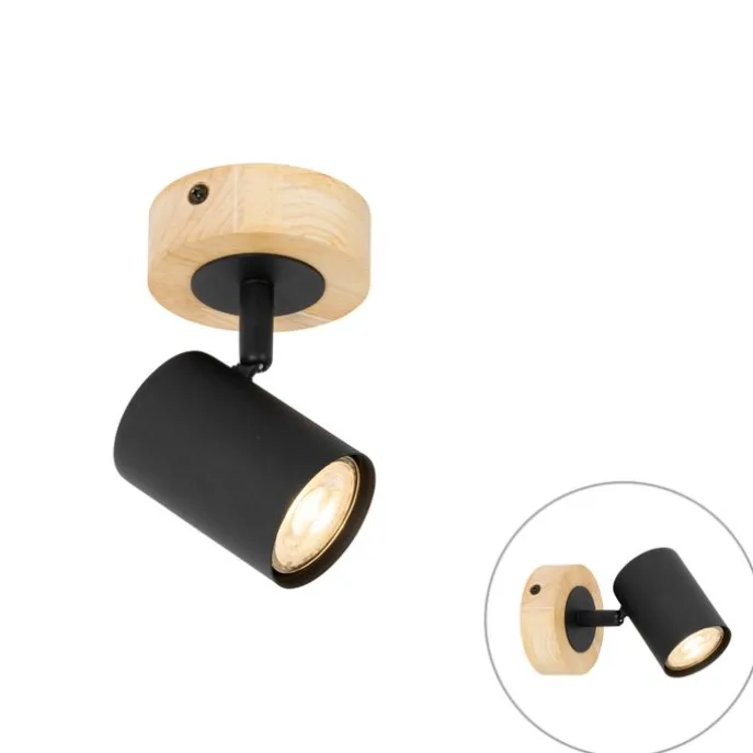 Moderner Spot schwarz mit kippbarem Holz - Jeana