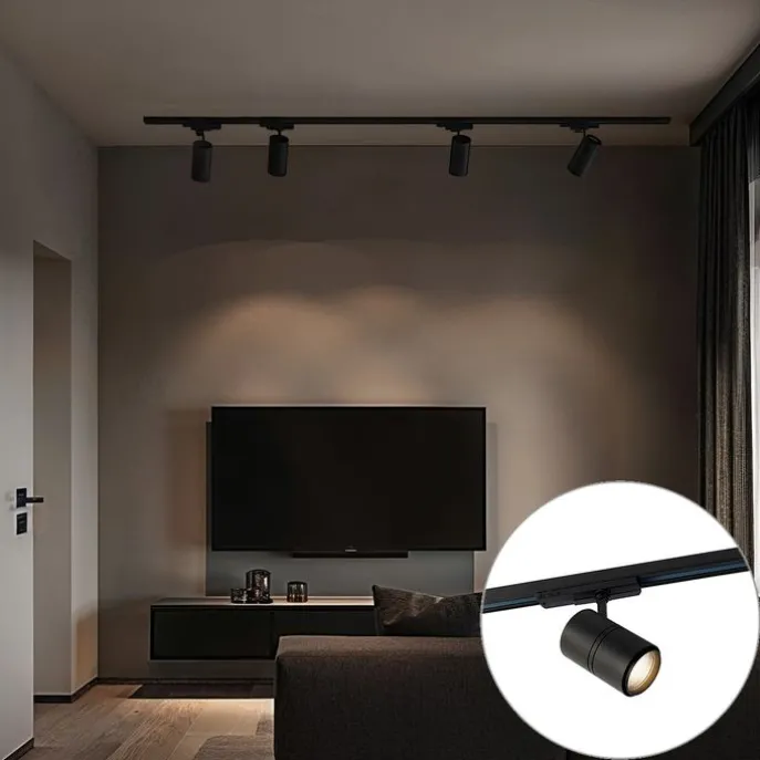 Modernes 3-Phasen-Schienensystem mit 4 schwarzen Strahlern - 3-Phasen-Ruler