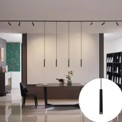 Modernes Schienensystem mit 6 Strahlern und 4 Pendelleuchten schwarz 1-phasig - Slimline Uzzy Keno