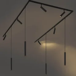Modernes Schienensystem mit 6 Strahlern und 4 Pendelleuchten schwarz 1-phasig - Slimline Uzzy Keno
