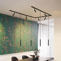 Modernes Schienensystem mit 6 Strahlern und 4 Pendelleuchten schwarz 1-phasig - Slimline Uzzy Keno