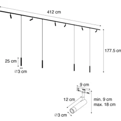 Modernes Schienensystem mit 6 Strahlern und 4 Pendelleuchten schwarz 1-phasig - Slimline Uzzy Keno