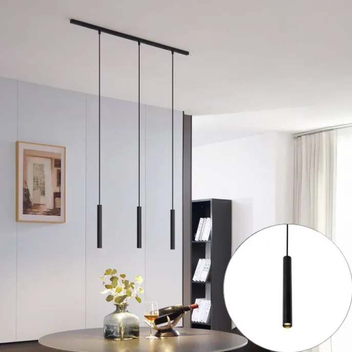 Modernes Schienensystem mit 3 schwarzen Pendelleuchten 1-phasig - Slimline Keno