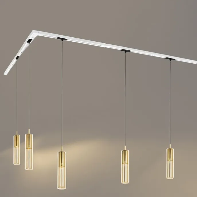 Modernes Schienensystem mit 5 goldenen Pendelleuchten 1-phasig - Iconic Lloyd