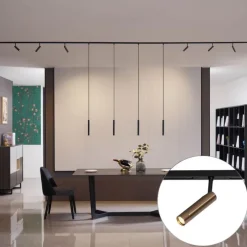 Modernes Schienensystem mit 6 Strahlern und 4 Pendelleuchten Dunkelbronze 1-phasig - Slimline Uzzy Keno