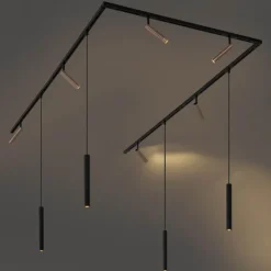 Modernes Schienensystem mit 6 Strahlern und 4 Pendelleuchten Dunkelbronze 1-phasig - Slimline Uzzy Keno