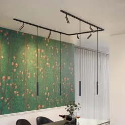 Modernes Schienensystem mit 6 Strahlern und 4 Pendelleuchten Dunkelbronze 1-phasig - Slimline Uzzy Keno