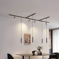 Modernes Schienensystem mit 6 Strahlern und 4 Pendelleuchten Dunkelbronze 1-phasig - Slimline Uzzy Keno