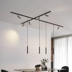 Modernes Schienensystem mit 6 Strahlern und 4 Pendelleuchten Dunkelbronze 1-phasig - Slimline Uzzy Keno