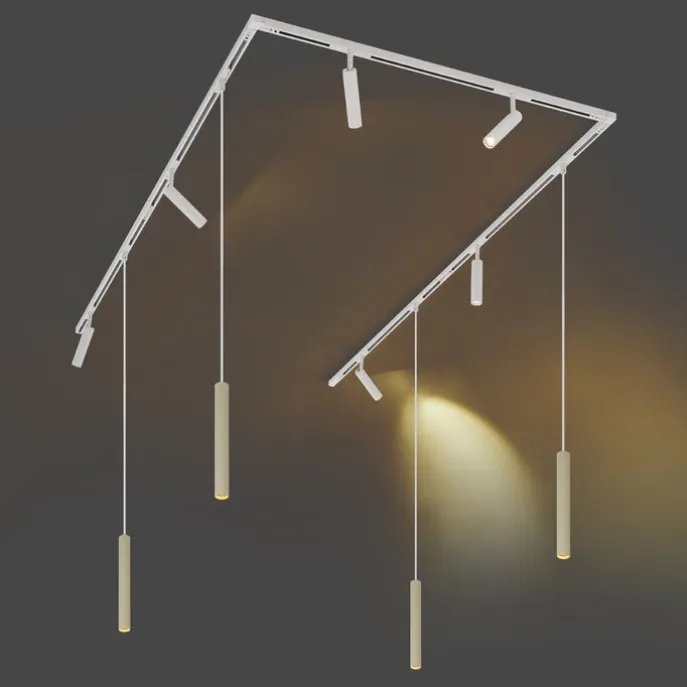 Modernes Schienensystem mit 6 Strahlern und 4 Pendelleuchten Beige und Weiß 1-phasig - Slimline Uzzy Keno